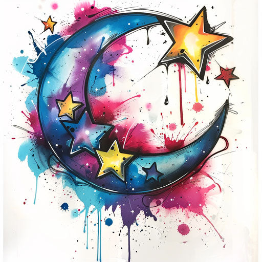 Graffiti style artwork of a stylized moon and colorful stars