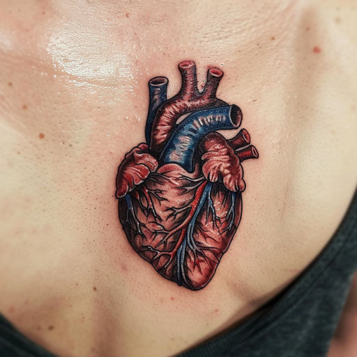 Anatomical heart tattoo with 3D effect on pure white background