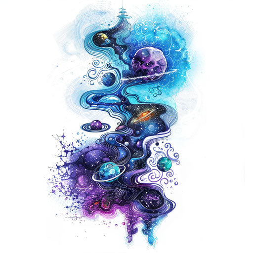 Surreal flat tattoo blending cosmic and dreamlike elements in blue and purple