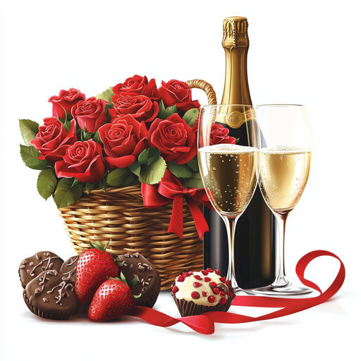 Basket of red roses, champagne and glasses, chocolate strawberries