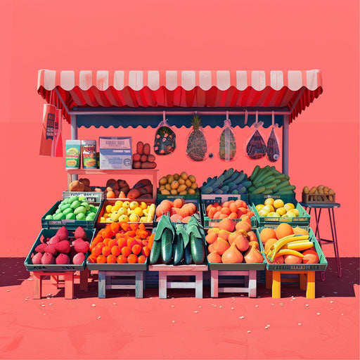 Realistic market illustration on vibrant coral background