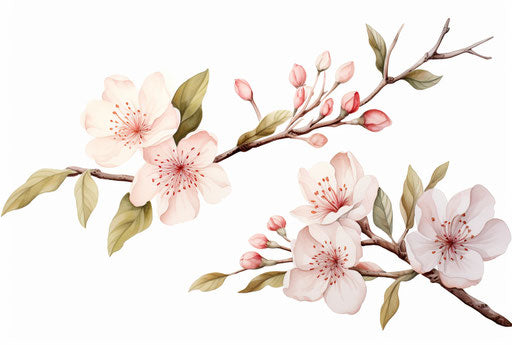 Two flowers with leaves on white background, cherry blossom style