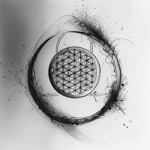 Zen style tattoo sketch of the Flower of Life, with minimalist zen circle (enso) elements