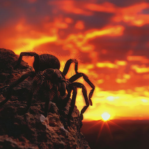 Tarantula silhouette against a dramatic sunset
