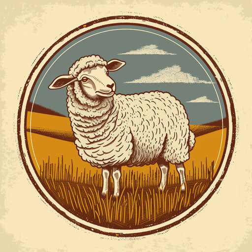 Farm logo with hand-drawn sheep and meadow background