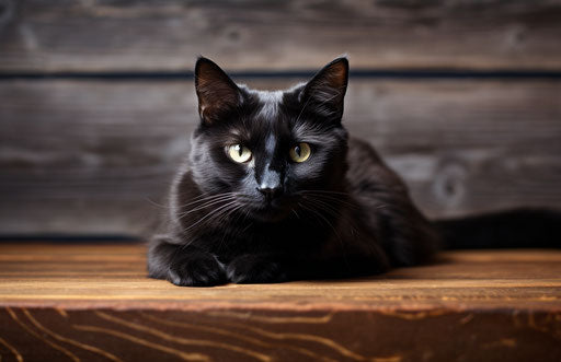 Black cat on wooden table, light indigo and gray style