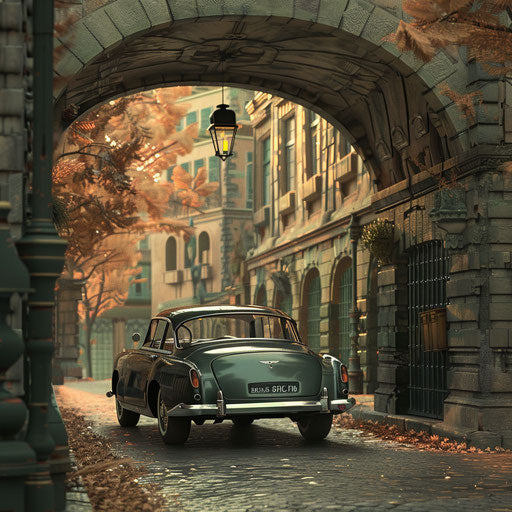 Luxury car driving through old European street