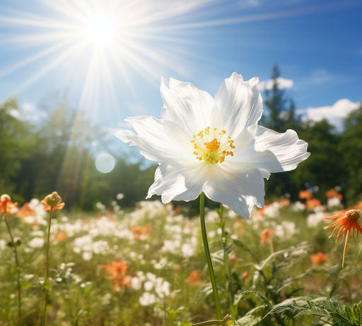 White flower in green field, sun-soaked colors, shiny, sunrays