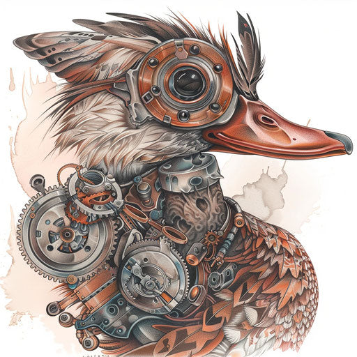 Steampunk duck with mechanical elements and copper tones