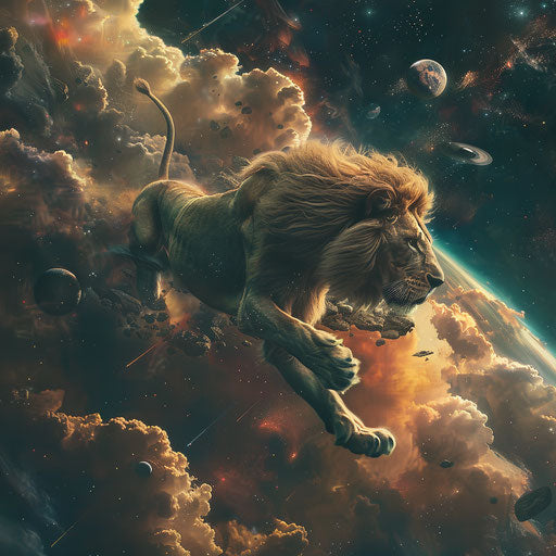 Lions float through space among stars and planets