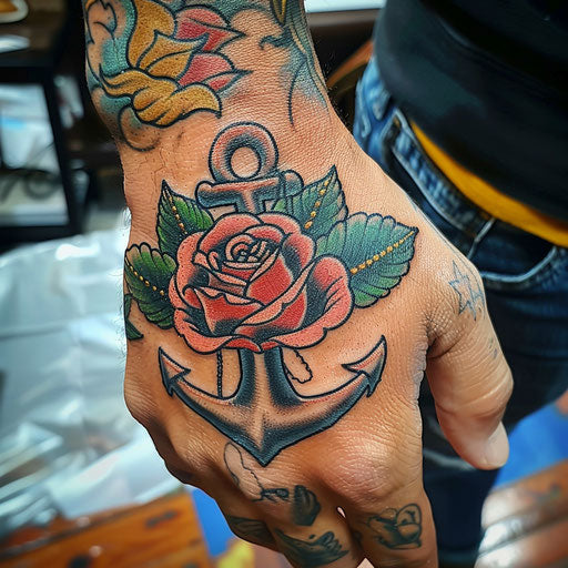 Rose hand tattoo in the style of Sailor Jerry featuring a rose and anchor