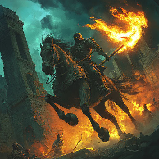 Headless rider with burning scythe on ancient battlefield