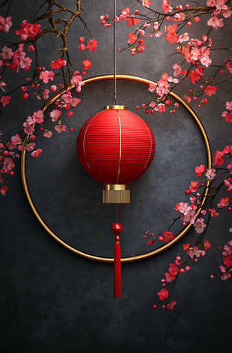 Red lantern on golden ring surrounded by plum blossoms
