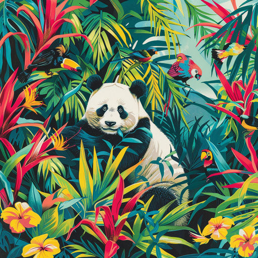 Adventurous giant panda in a dense tropical rainforest
