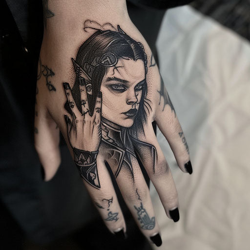 Small hand tattoos of a gothic vampire
