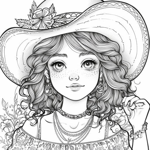 Stylish little girl with a big hat in the style of Megan Hess