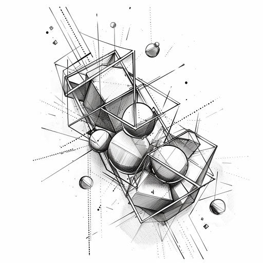 Futuristic geometric tattoo concept with 3D cubes and spheres intertwined on a clean white background