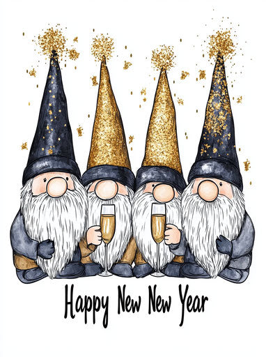 4 gnomes with black and gold hats, champagne glasses, gold glitter, text "Happy New Year", clipart style