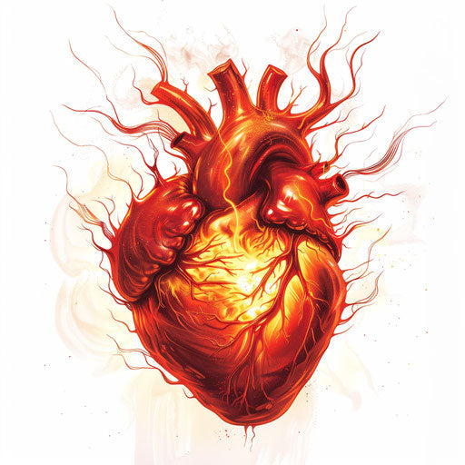 A heart on fire on a white background, inspired by Matt Groening, mythic symbolism