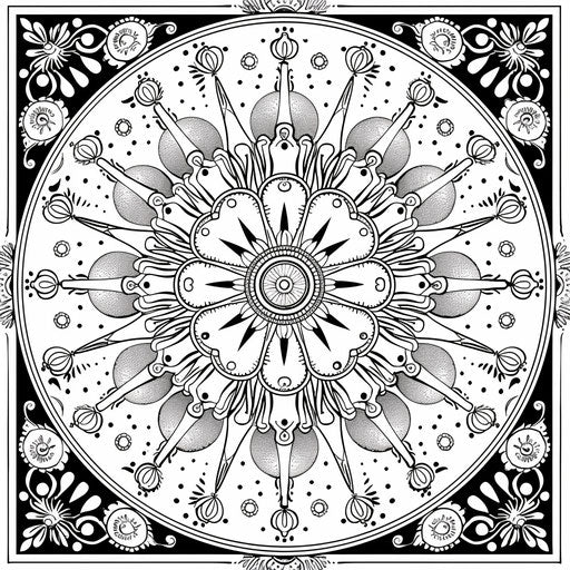 Diwali mandala with Diyas, fireworks, and rangoli patterns