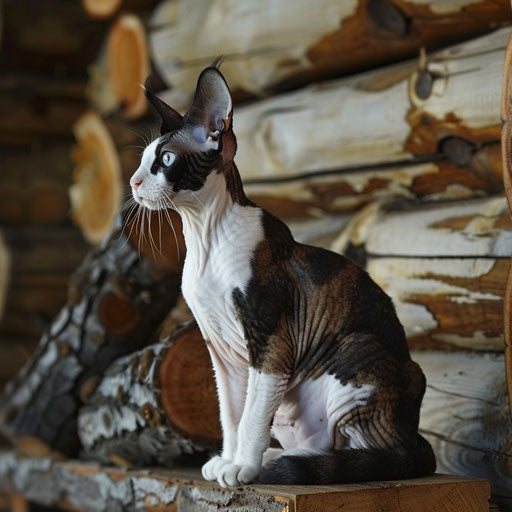 Cornish Rex cat sitting in front of a log cabin