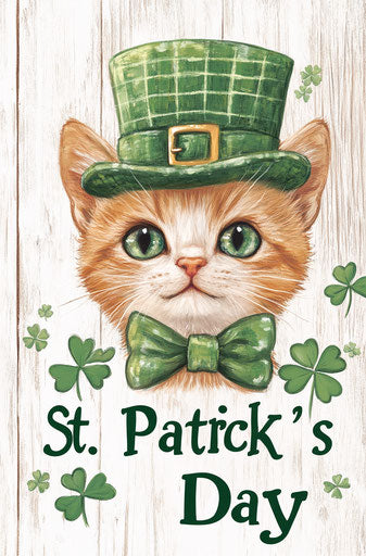 Cute cat with green hat and bow tie surrounded by clover