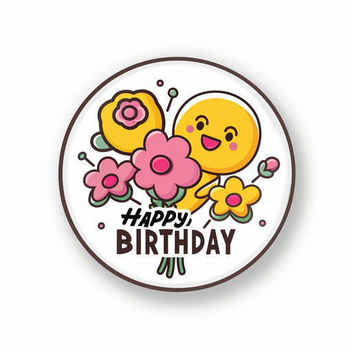 Happy birthday with emoji holding flowers