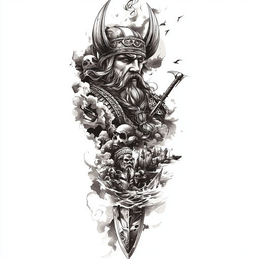 Viking tattoo sketch with detailed raid depiction