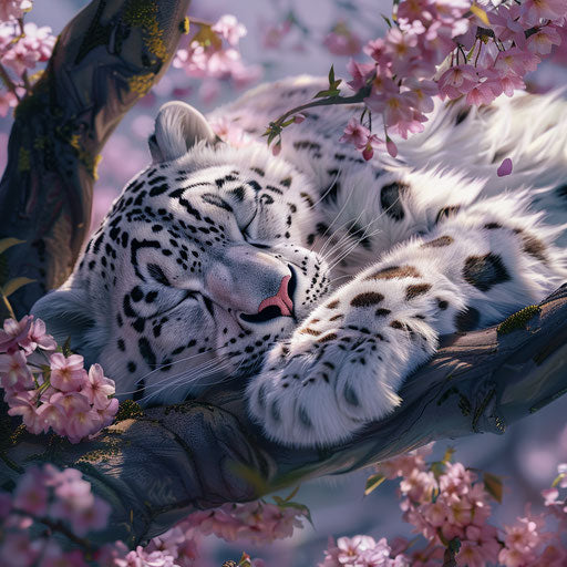 A peaceful snow leopard in a cherry blossom garden