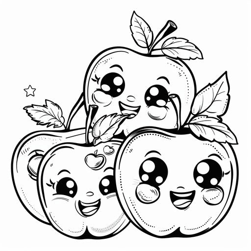 Kawaii apples with cute faces and accessories
