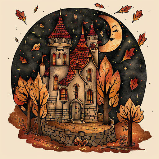 Autumn castle with falling leaves harvest moon oranges