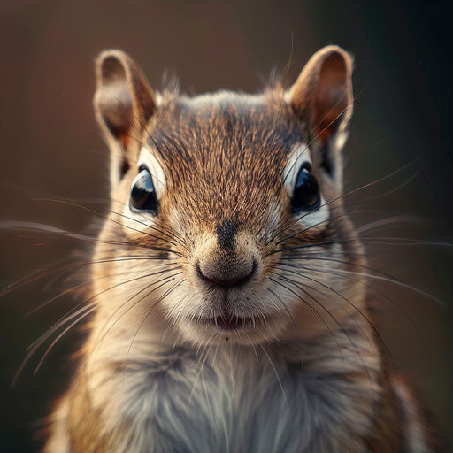Close-up chipmunk with soft lighting, expressive eyes
