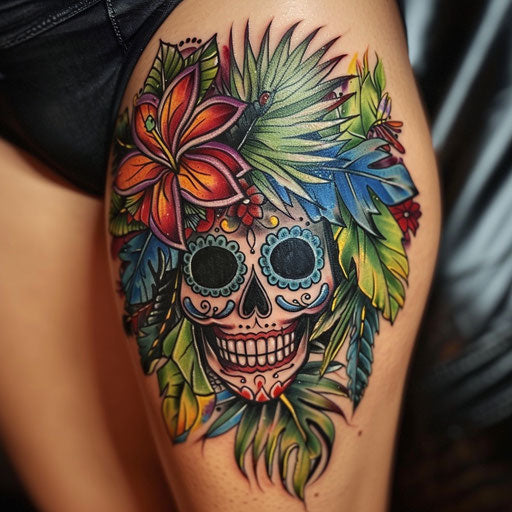 Sugar skull tattoo with tropical bird feathers