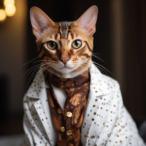 Bengal cat looking at the camera in white coat