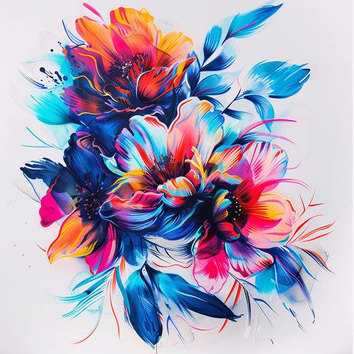 Bold, abstract floral tattoo art in bright neon colors against white