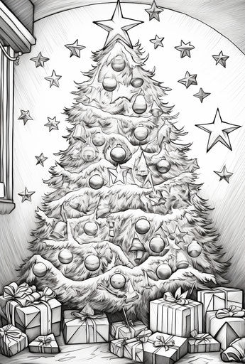 Christmas tree coloring page, frottage style, high resolution 23:34