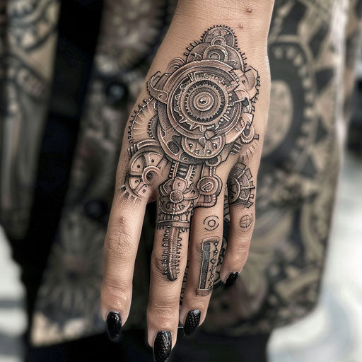 Finger tattoos for women in the style of Adrian Smith featuring steampunk elements
