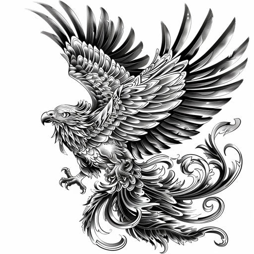 Artistic tattoo sketch of a Mexican eagle, clipart style with abstract swirls in black and grey