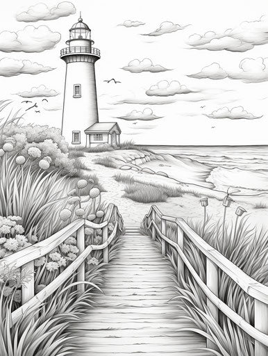 Seascape and tower in black and white, exotic flora and fauna style