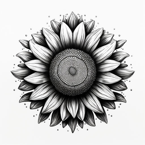 Black and white sunflower drawing, rounded style, detailed anatomy