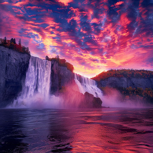 Montmorency Falls, Quebec, at sunrise with vibrant colors, in the style of William Patino
