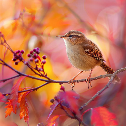 Wren bird in front of vibrant autumn colors