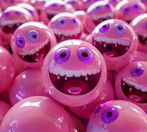 Pink balls with purple eyes and smiles, Pixar style