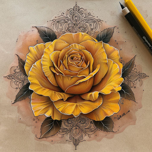 Exotic flat tattoo sketch of a yellow rose with oriental motifs and rich textures