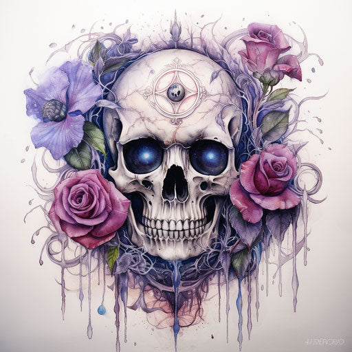 Skull, eye and roses in a watercolor painting