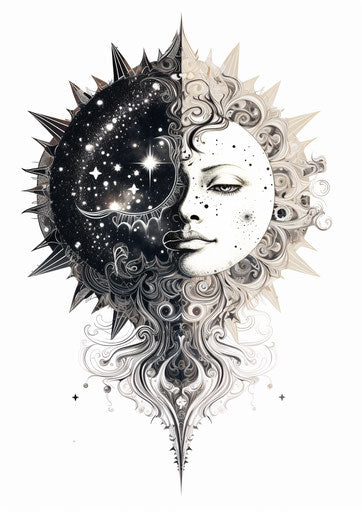 Moon and sun with star, elegant patterns, serene faces, crystal, black and white ink