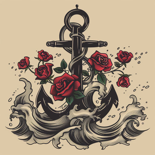 Anchor with roses and waves, Sailor Jerry style