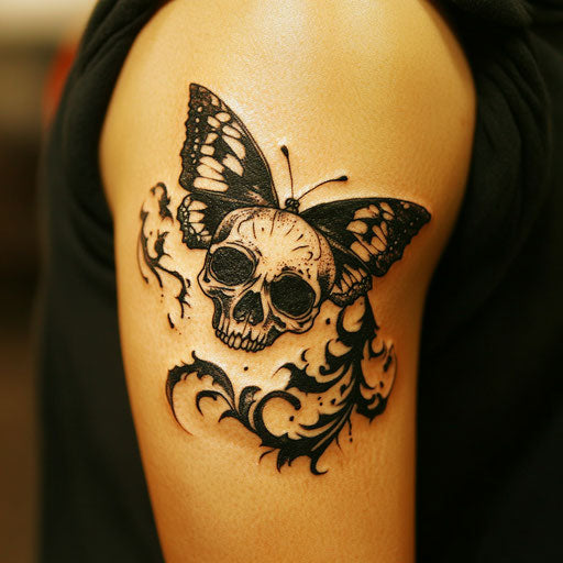 Skull butterfly tattoo on bicep with tribal flames