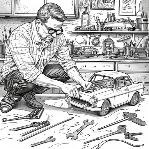 Dad fixing toy car with tools. Coloring book page