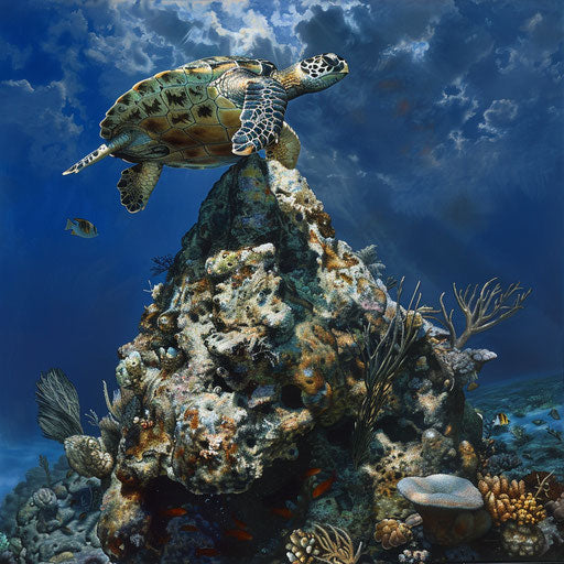 The hawksbill sea turtle on a large ancient coral formation